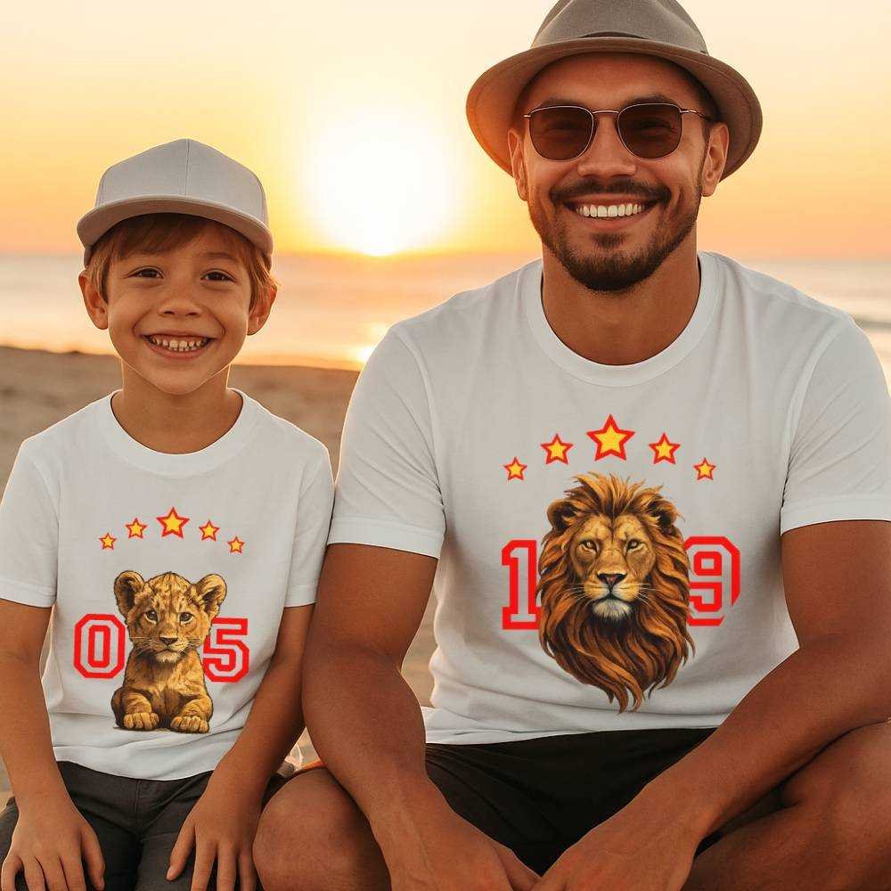 5 Yıldızlı Aslan Tasarımlı Galatasaraylı Baba Oğul Tişört Kombini