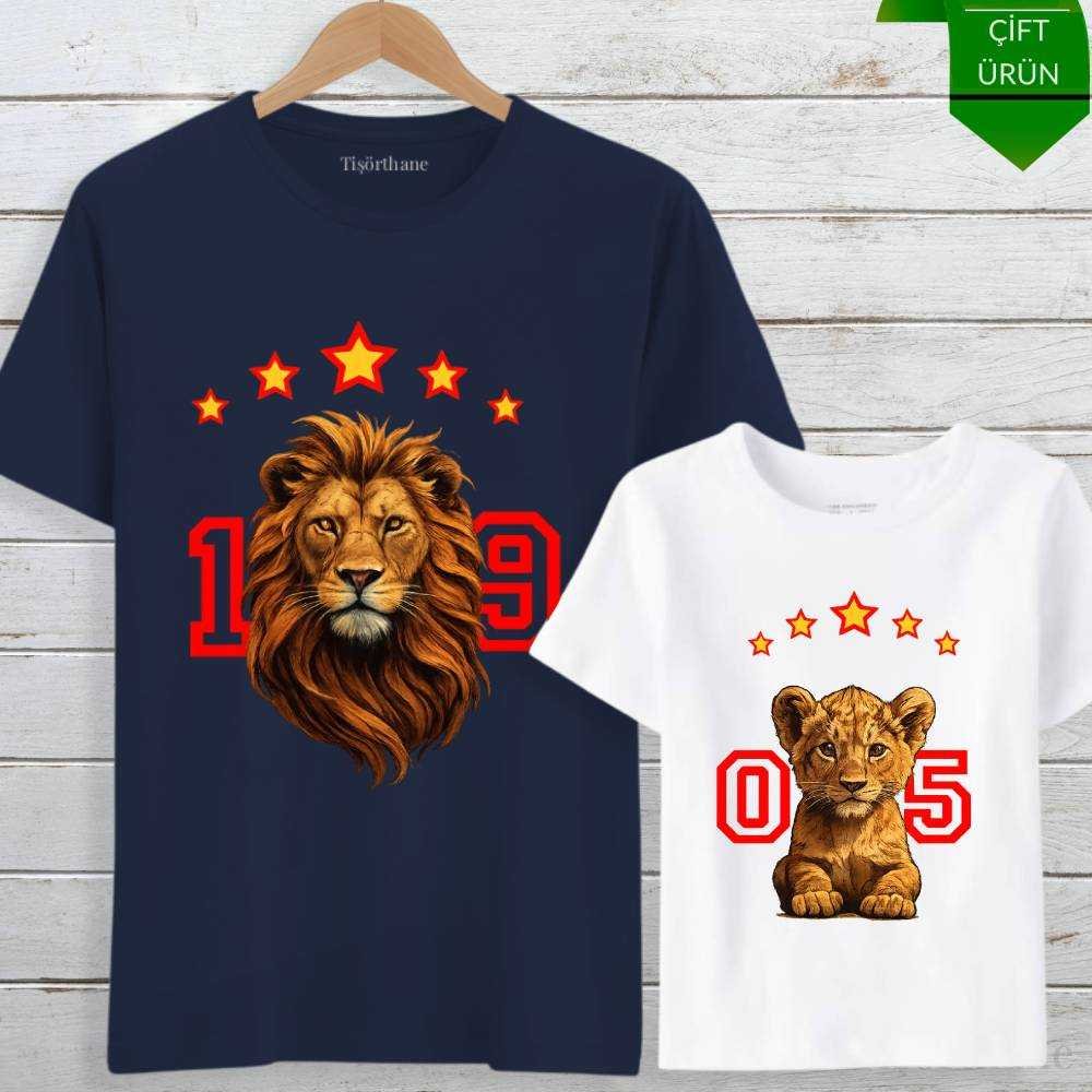 5 Yıldızlı Aslan Tasarımlı Galatasaraylı Baba Oğul Tişört Kombini
