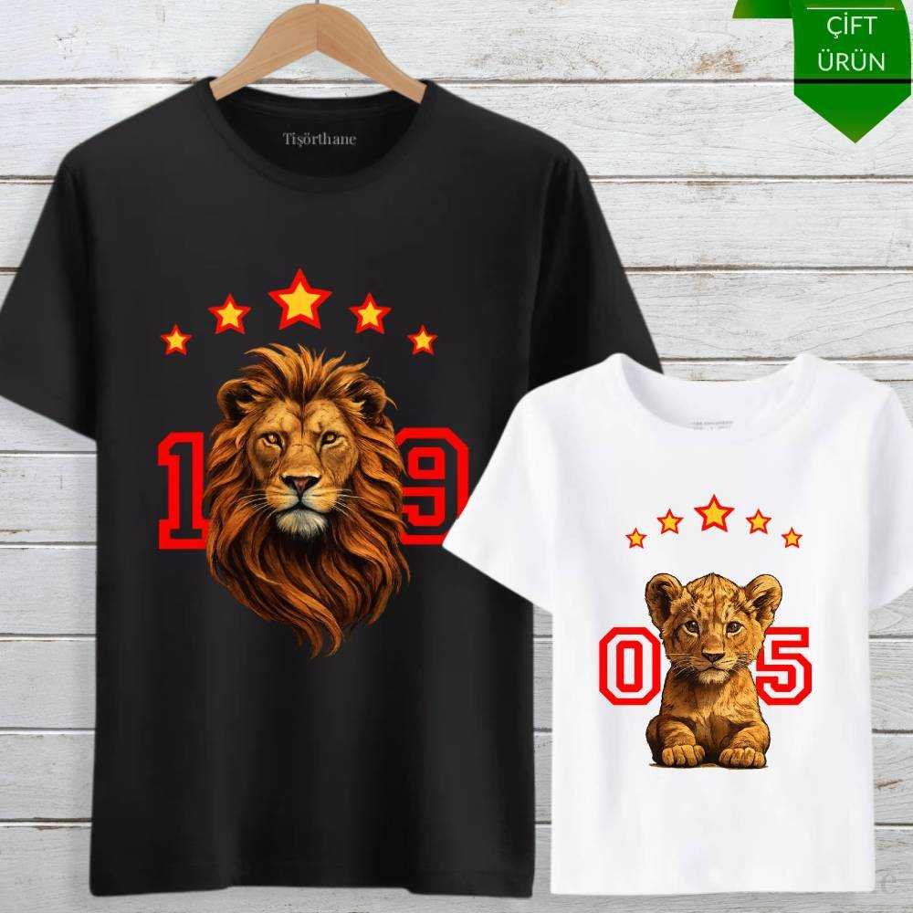 5 Yıldızlı Aslan Tasarımlı Galatasaraylı Baba Oğul Tişört Kombini