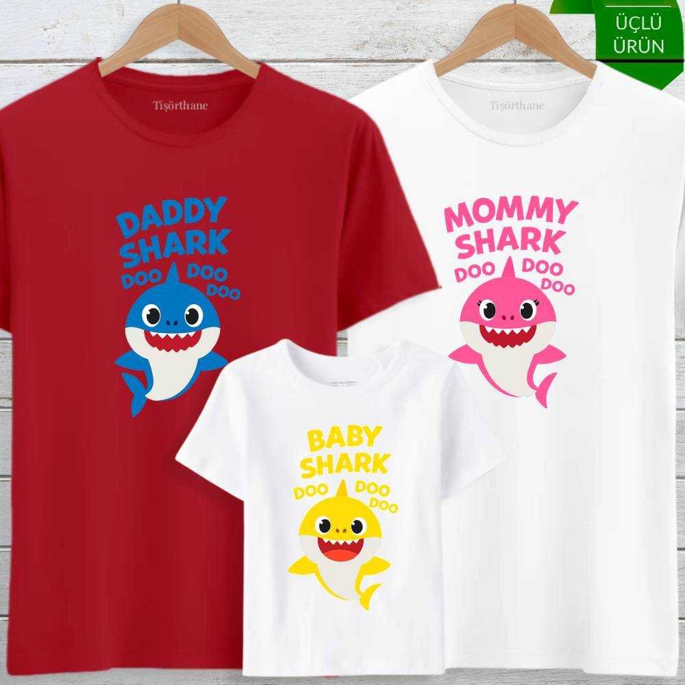 Anne, Baba ve Bebek Köpekbalığı Tişört Kombini