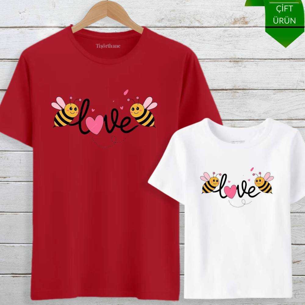 Arı Tasarımlı, Love Yazılı Anne Kız Tişört Kombini