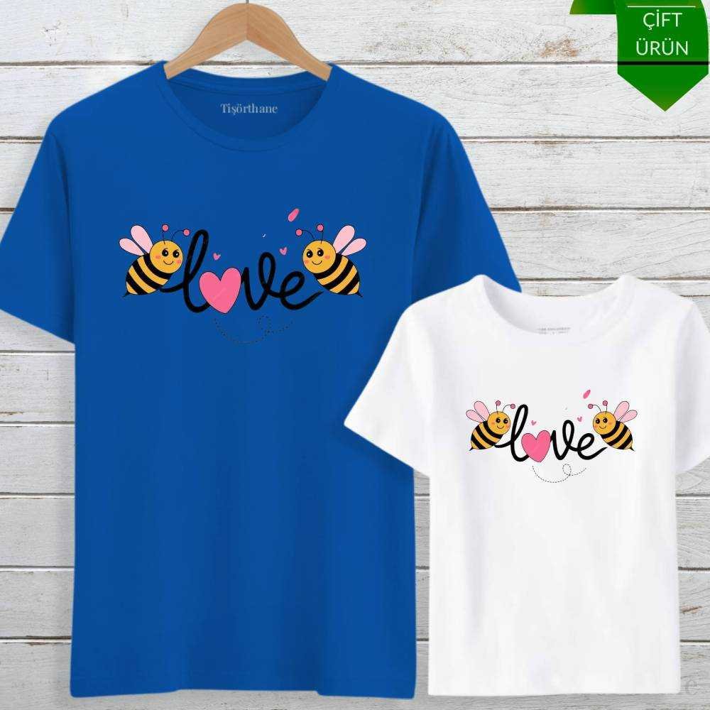 Arı Tasarımlı, Love Yazılı Anne Kız Tişört Kombini