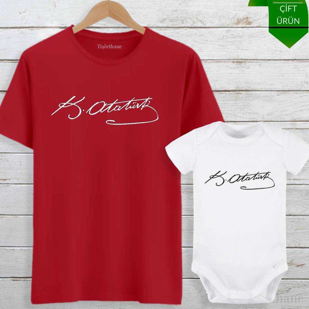 Atatürk İmza Baskılı Anne, Baba, Bebek Tişört Zıbın Kombini