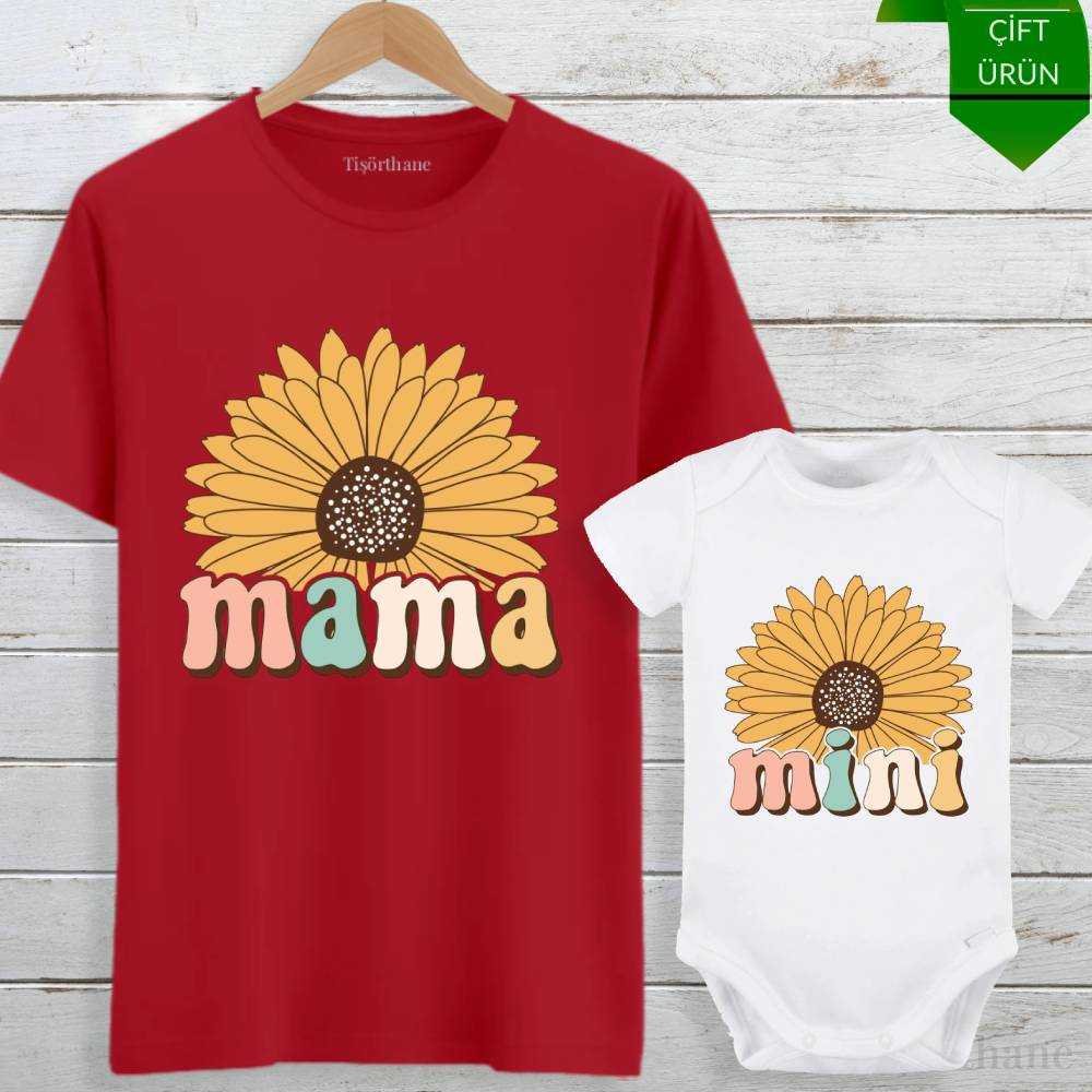 Ayçiçek Tasarımlı Mama & Mini Anne Bebek Tişört Kombini