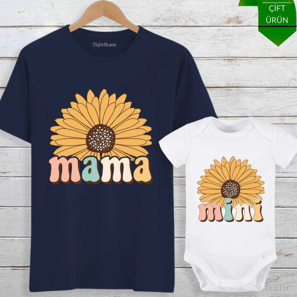 Ayçiçek Tasarımlı Mama & Mini Anne Bebek Tişört Kombini