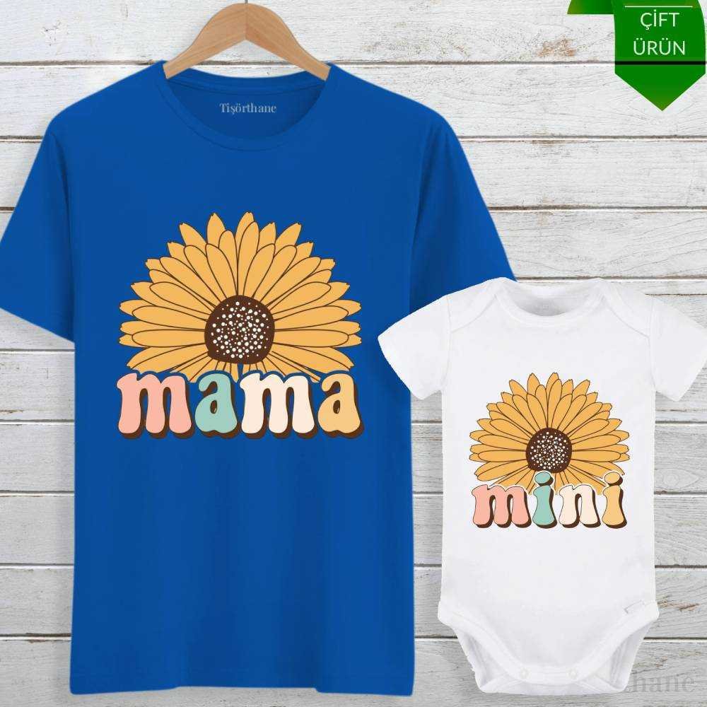 Ayçiçek Tasarımlı Mama & Mini Anne Bebek Tişört Kombini