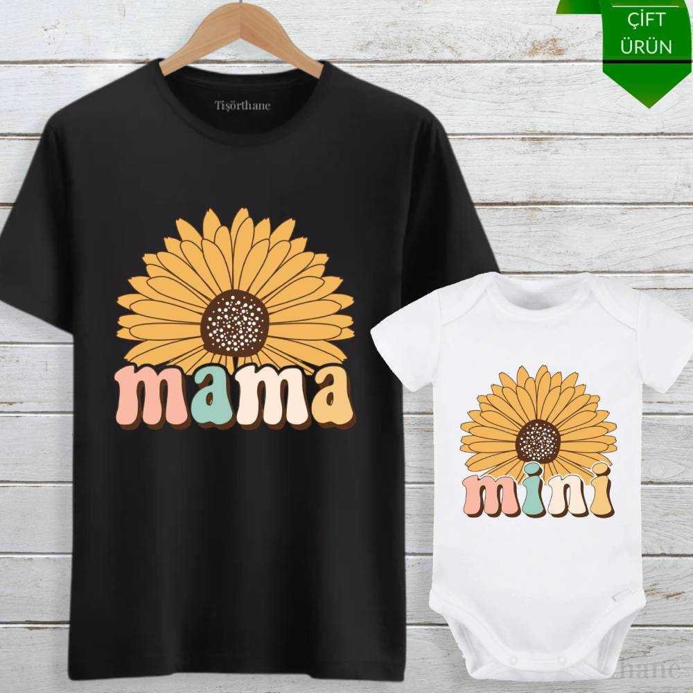 Ayçiçek Tasarımlı Mama & Mini Anne Bebek Tişört Kombini