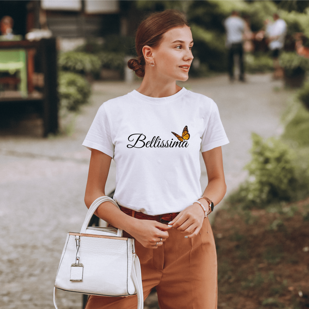 Bellissima (Muhteşem) Yazılı, Kelebek Baskılı Tişört