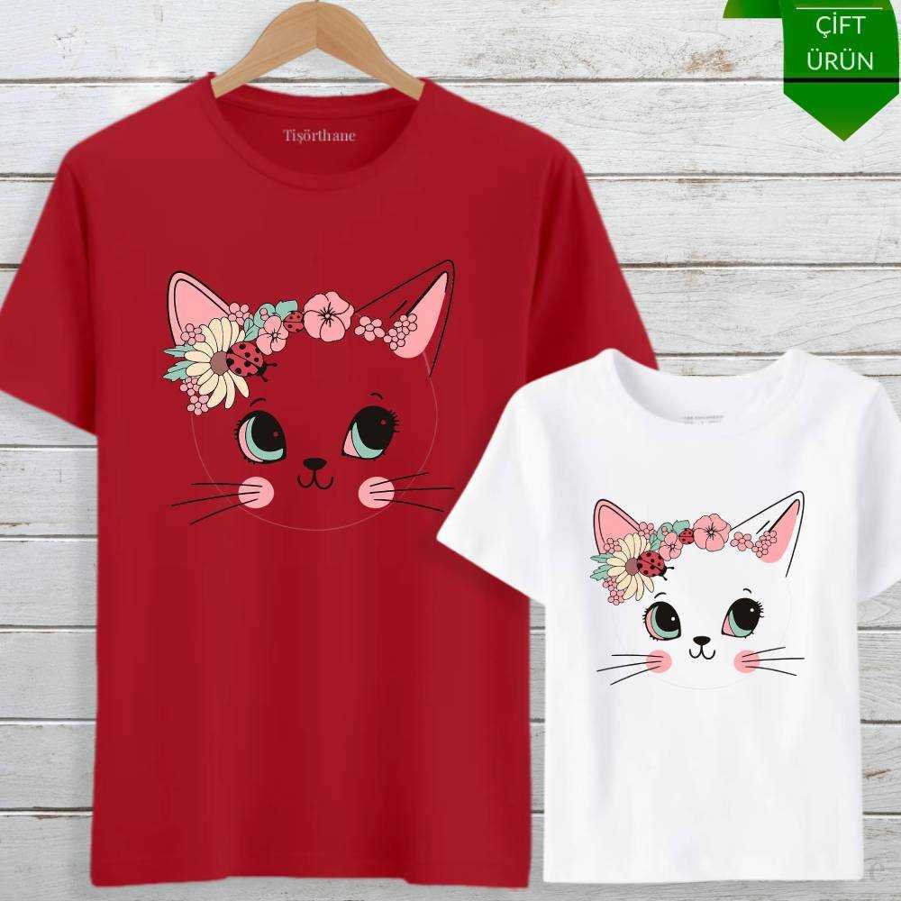 Çiçekli Kedi Tasarımlı Anne Kız Tişört Kombini