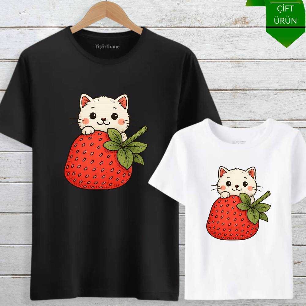 Çilek ve Kedi Tasarımlı Anne Kız Tişört Kombin Seti