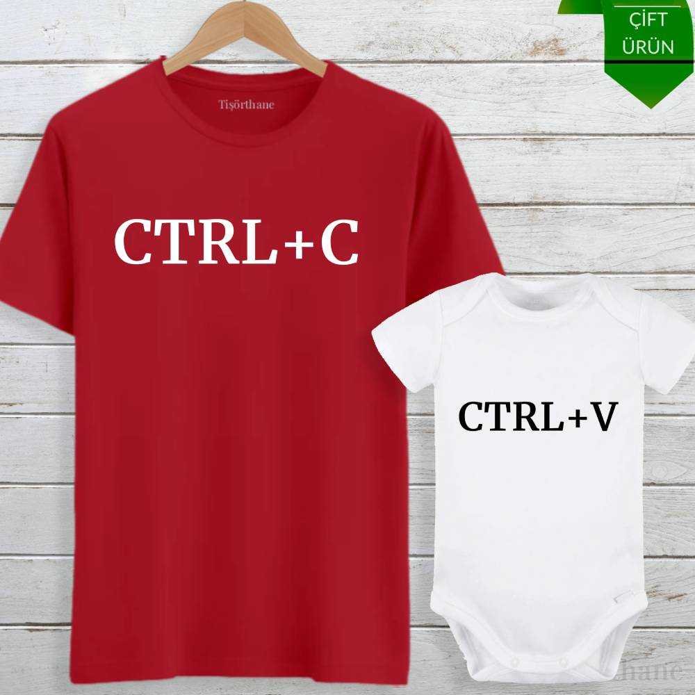 Ctrl C, Ctrl V Baskılı Anne, Baba, Bebek Tişört Zıbın Kombini