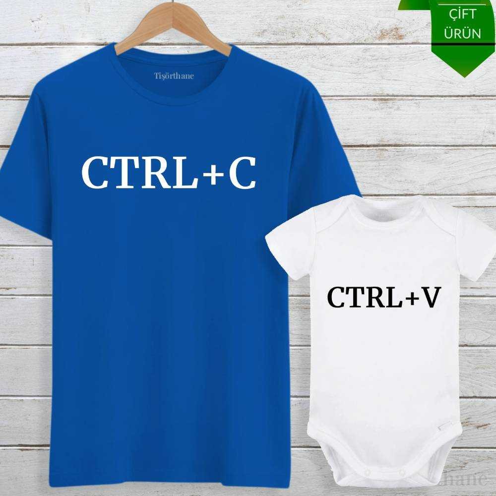 Ctrl C, Ctrl V Baskılı Anne, Baba, Bebek Tişört Zıbın Kombini