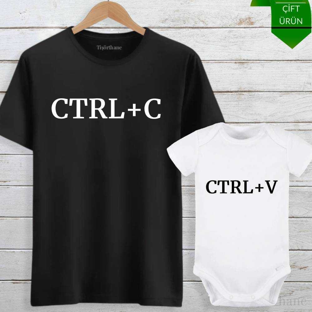 Ctrl C, Ctrl V Baskılı Anne, Baba, Bebek Tişört Zıbın Kombini