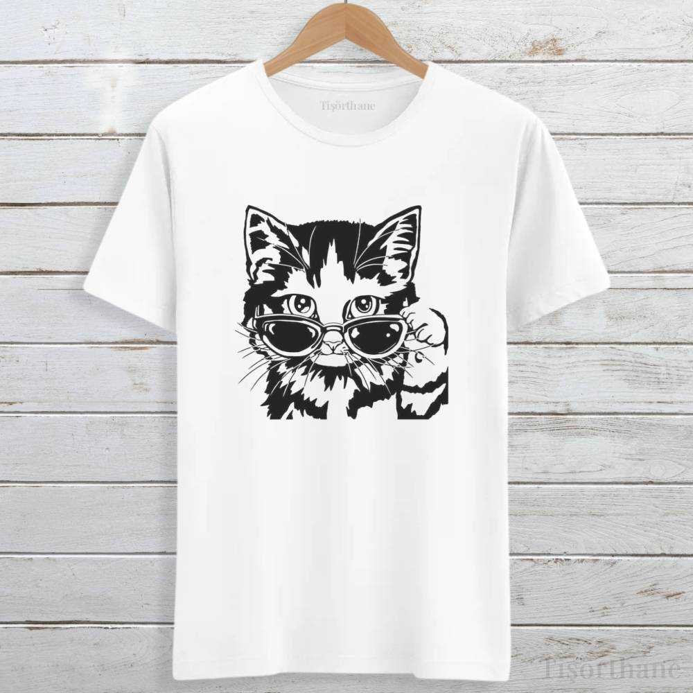 Gözlüklü Tarz Kedi Tasarımlı Unisex Tişört