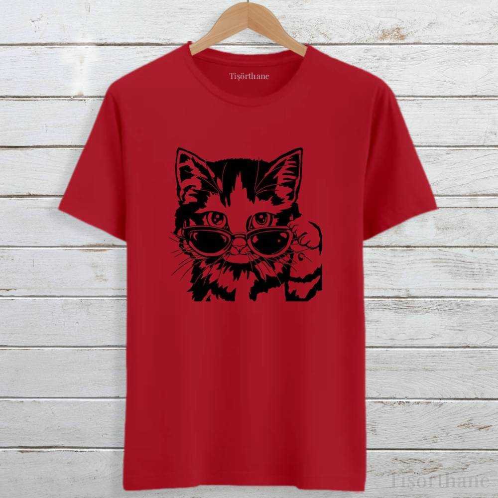 Gözlüklü Tarz Kedi Tasarımlı Unisex Tişört