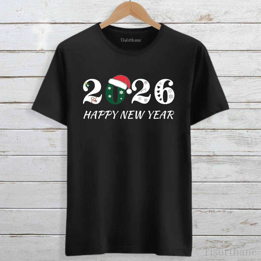 Happy New Year 2026 Tasarımlı Yılbaşı Tişörtü