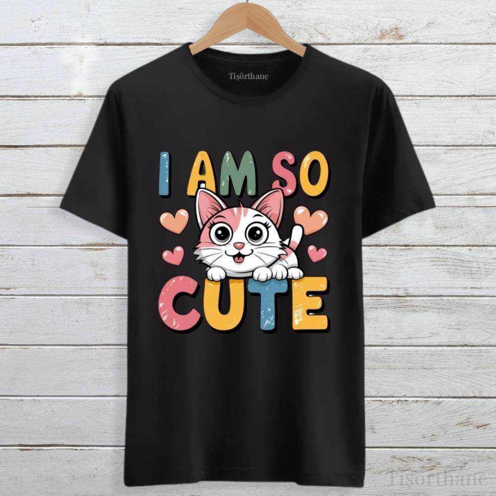 I Am So Cute Tasarımlı Sevimli Kedi Baskılı Tişört