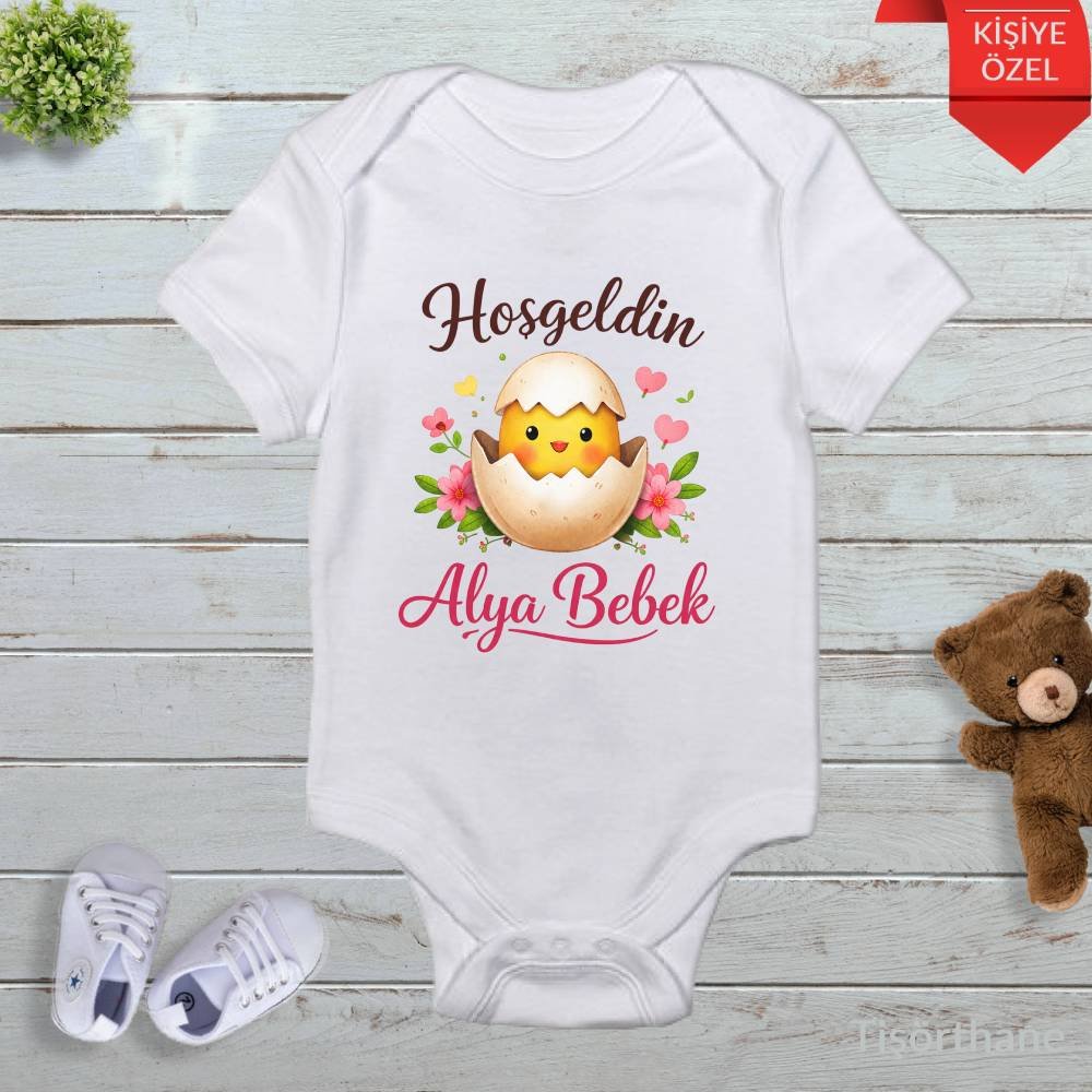 İsme Özel Civciv Tasarımlı Hoş Geldin Bebek Zıbını