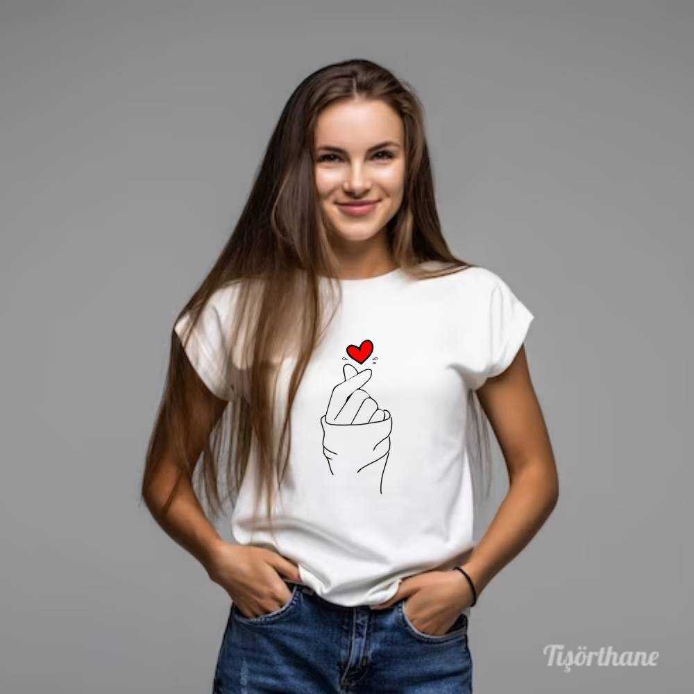 K-Pop Finger Heart Kalp İşareti Baskılı Tişört