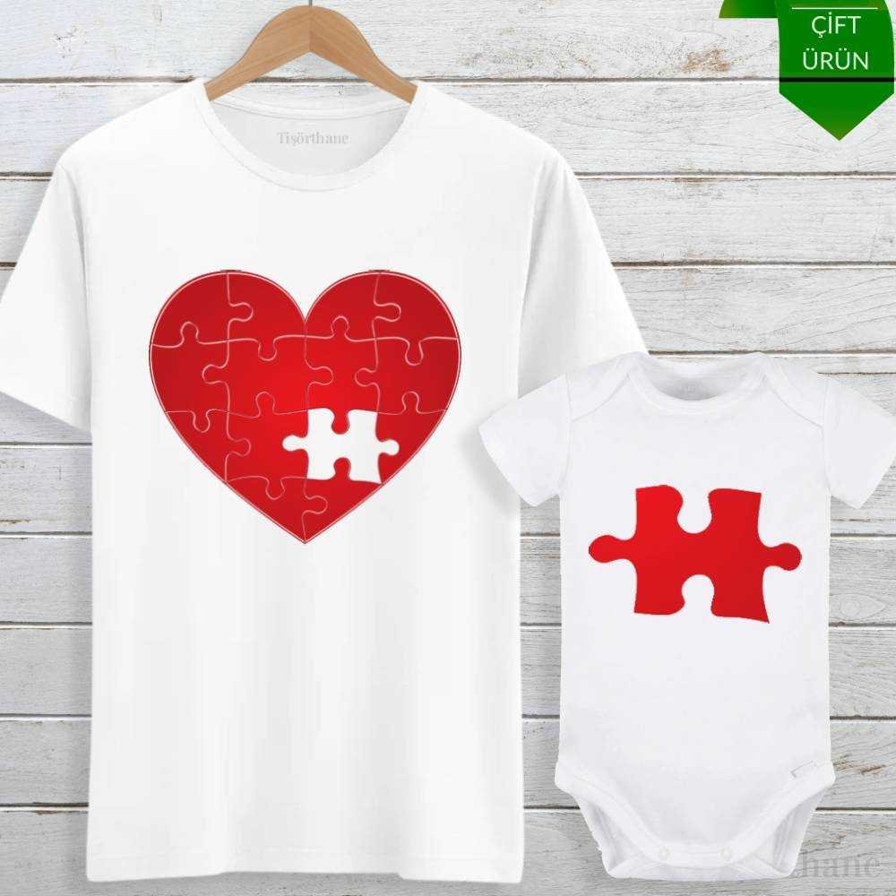 Kalpli Puzzle Tasarımlı Anne Bebek Tişört Zıbın Kombini
