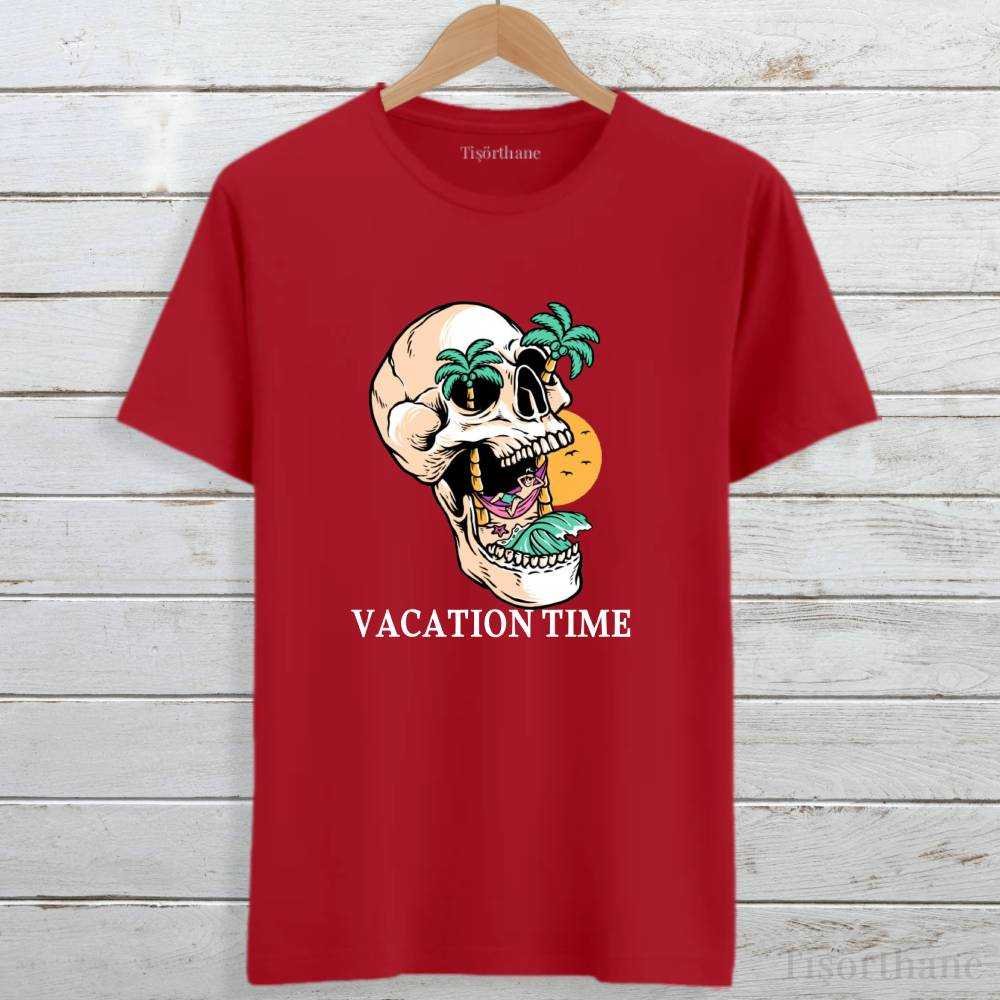 Kuru Kafa Baskılı Vacation Time (Tatil Zamanı) Yazılı Tişört