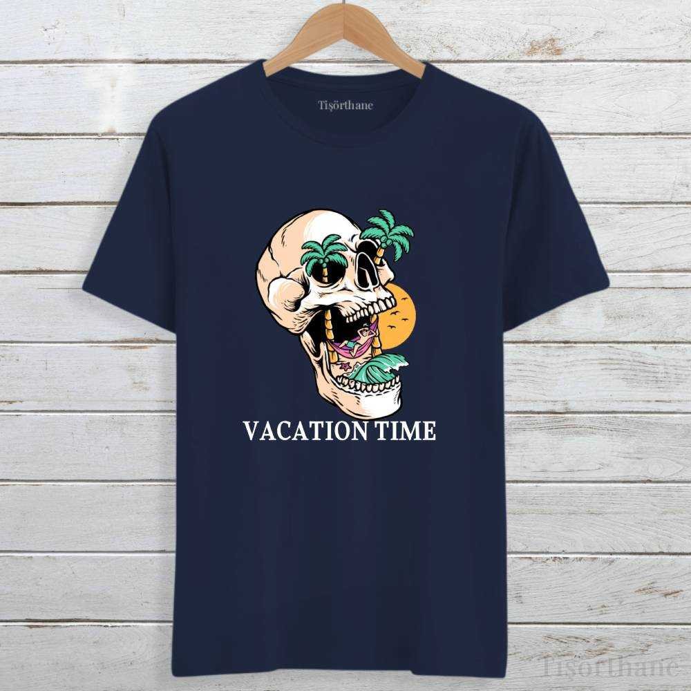 Kuru Kafa Baskılı Vacation Time (Tatil Zamanı) Yazılı Tişört