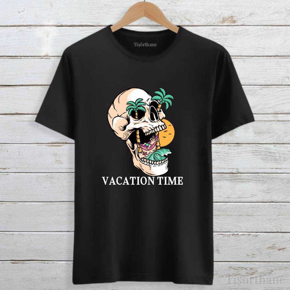 Kuru Kafa Baskılı Vacation Time (Tatil Zamanı) Yazılı Tişört