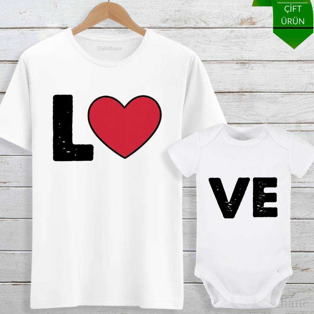 Love Tasarımlı Anne Bebek Tişört & Zıbın Kombini