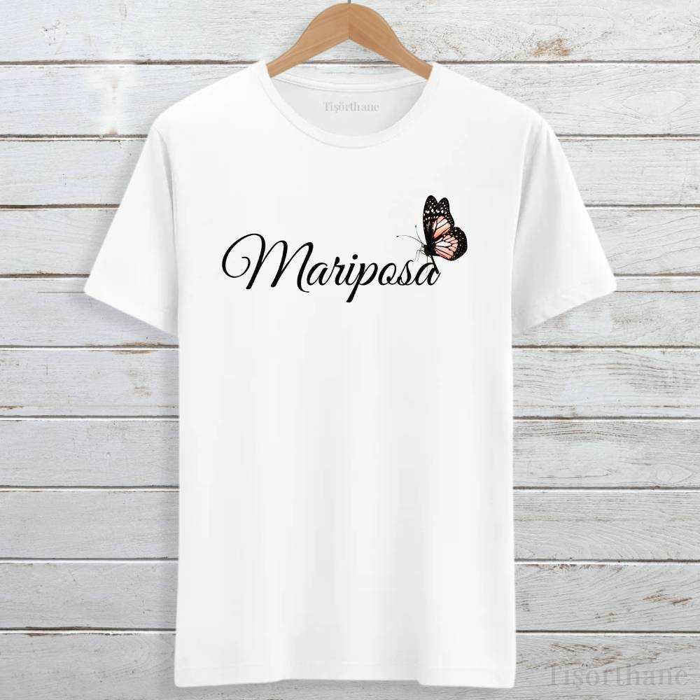 Mariposa (Kelebek) Yazılı Minimal Kelebek Baskılı Tişört