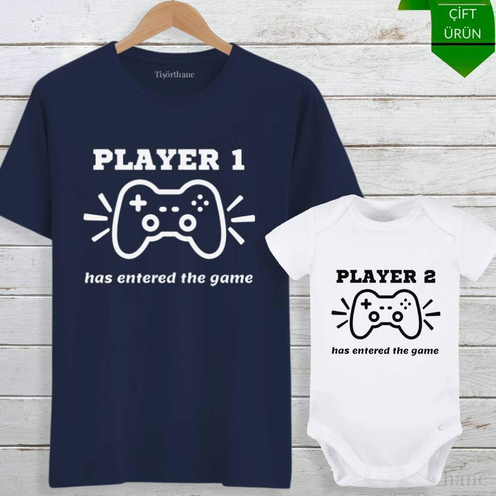 Player 1 & Player 2 Tasarımlı Baba Bebek Tişört Zıbın Kombini