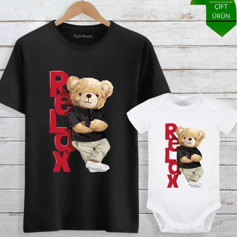Relax Ayıcık Tasarımlı Baba Bebek Tişört ve Zıbın Kombini