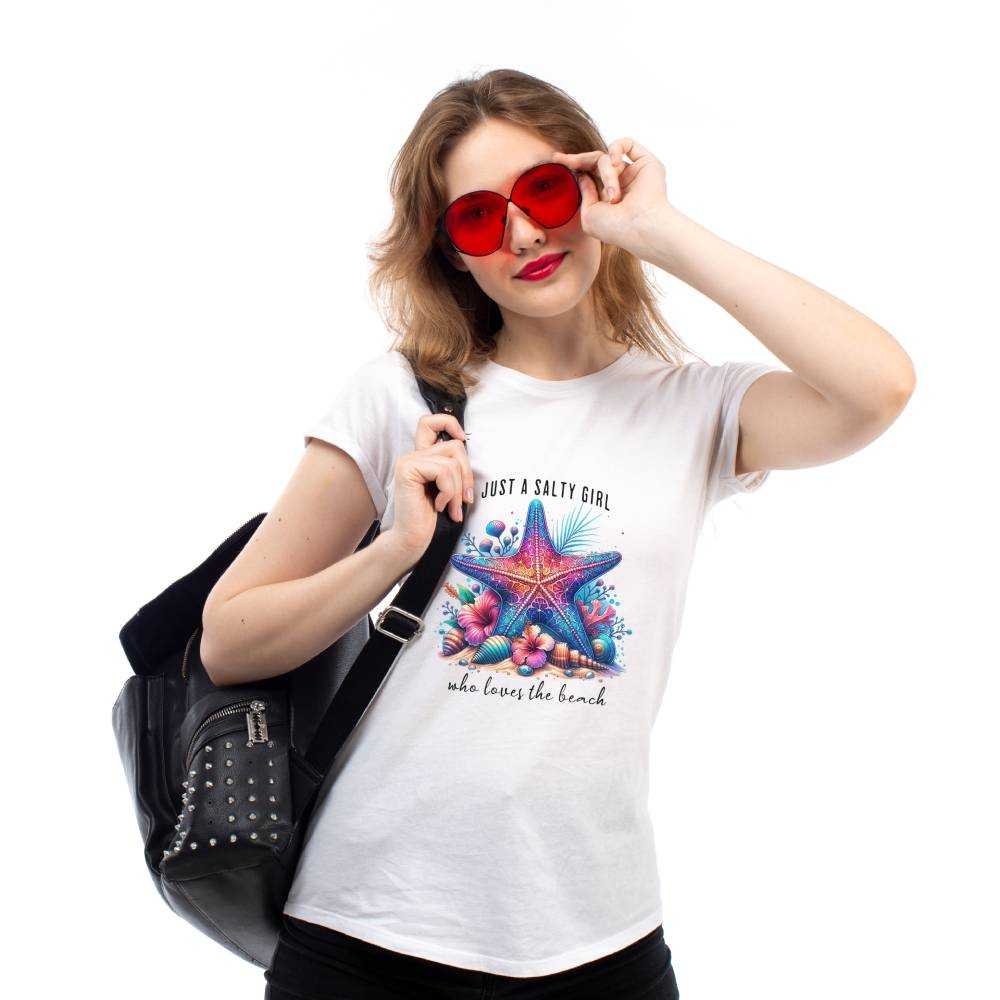 Renkli Denizyıldızı Tasarımlı Salty Girl Tişört