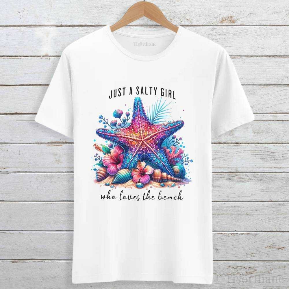 Renkli Denizyıldızı Tasarımlı Salty Girl Tişört