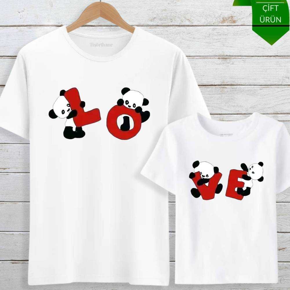 Sevimli Panda Love Tasarımlı Anne Kız Tişört Kombini