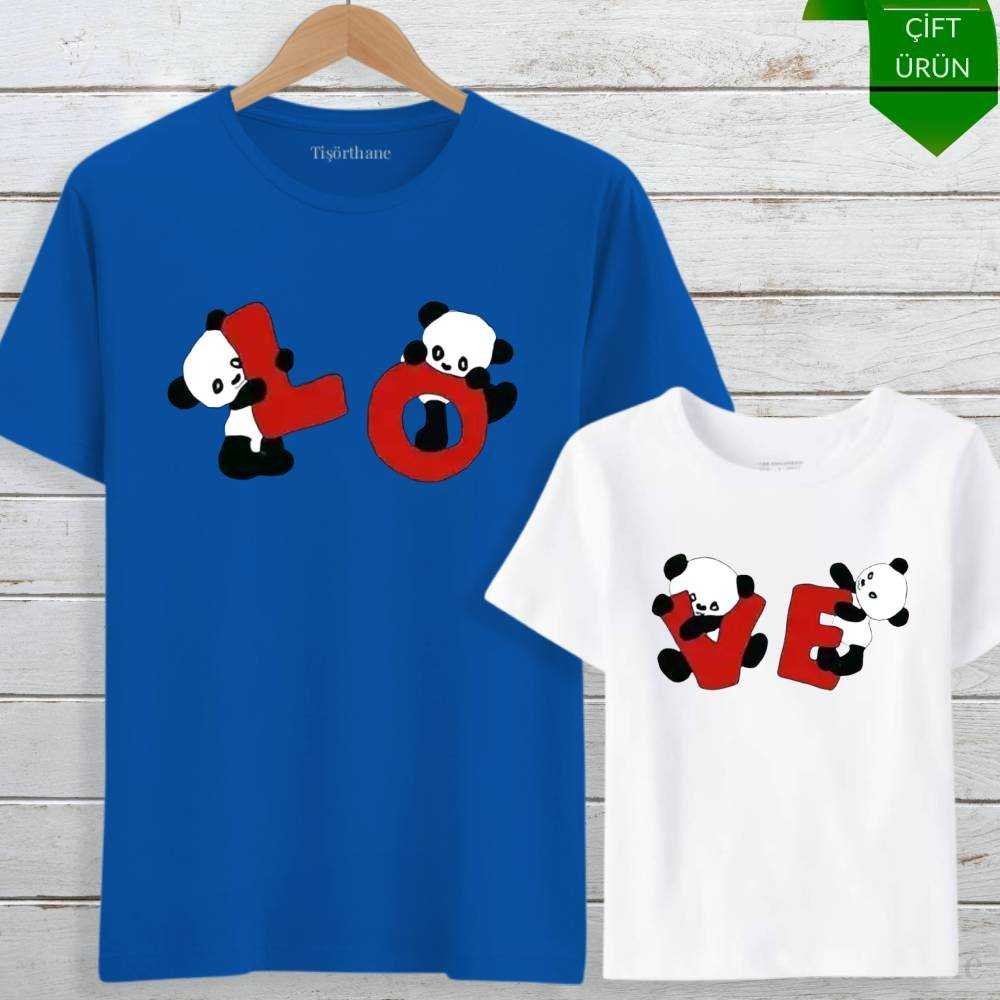 Sevimli Panda Love Tasarımlı Anne Kız Tişört Kombini