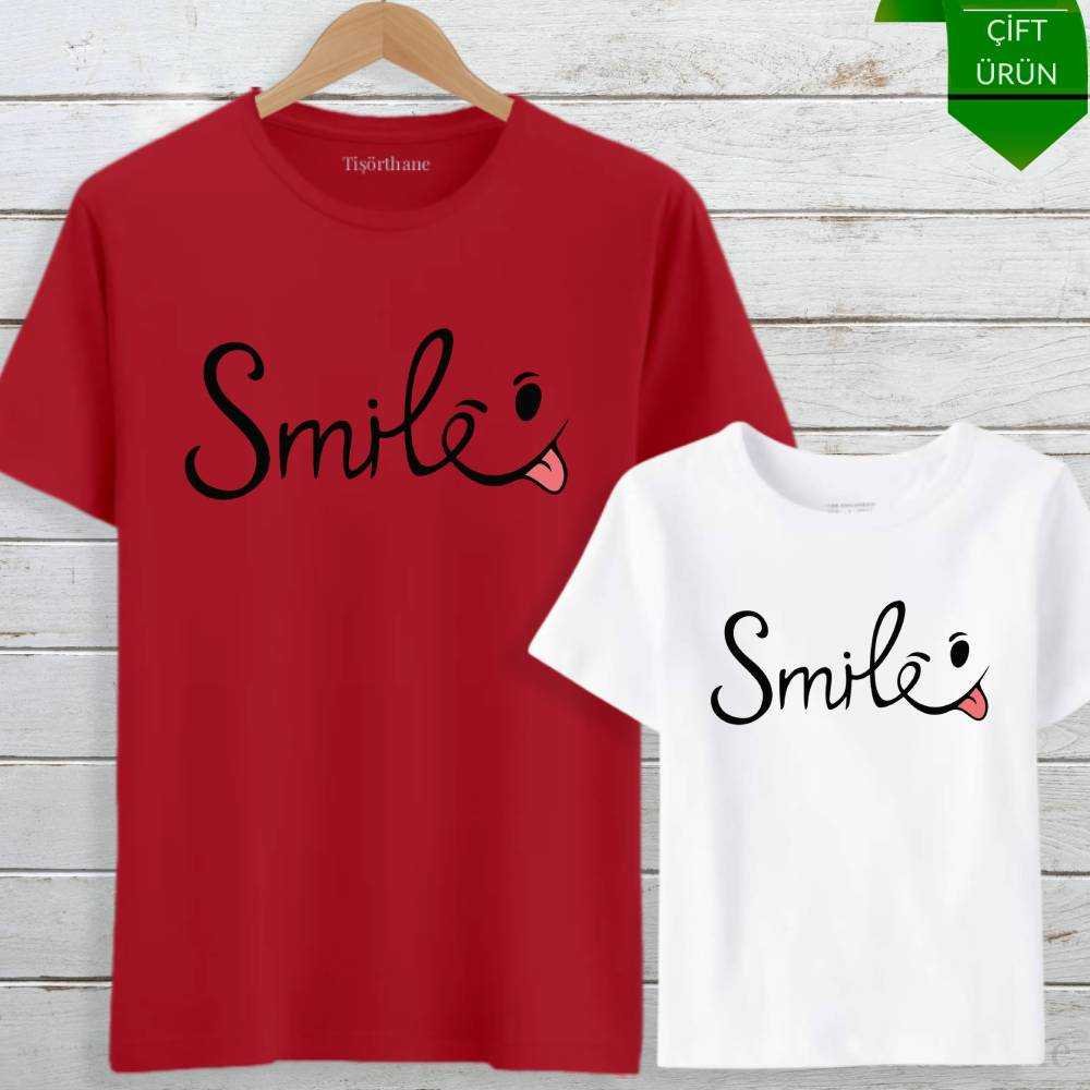 Smile Tasarımlı Mutlu Anne Kız Tişört Kombini
