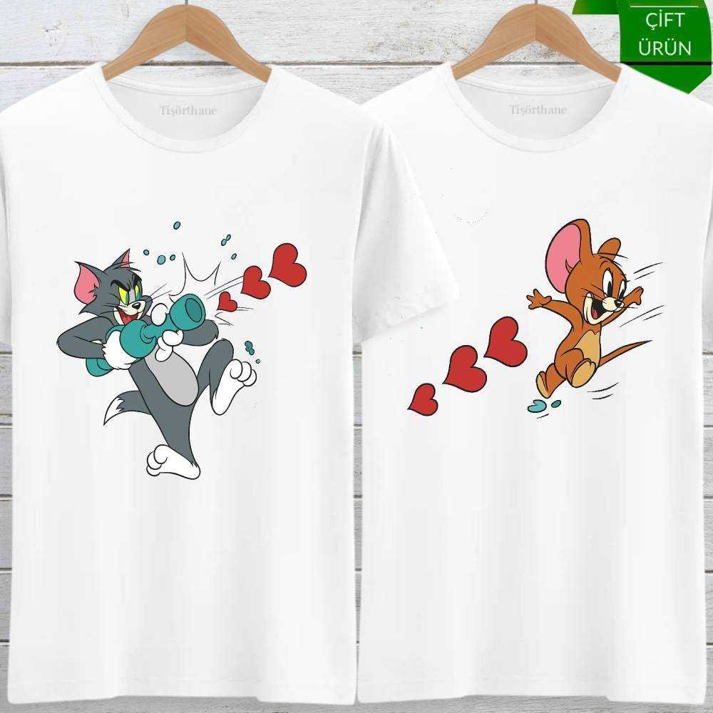 Tom ve Jerry Aşk Bombardımanı Tasarımlı Sevgili Tişört Kombini