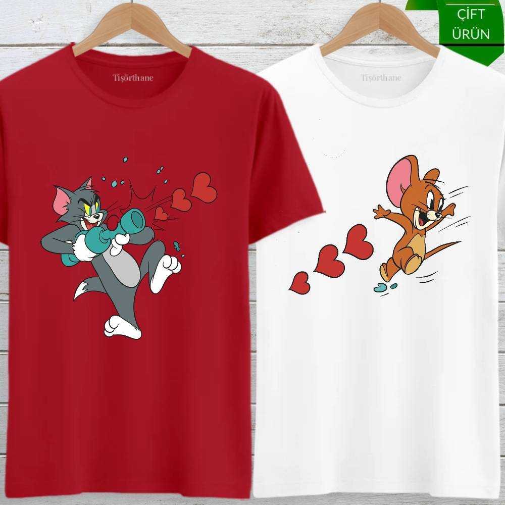 Tom ve Jerry Aşk Bombardımanı Tasarımlı Sevgili Tişört Kombini