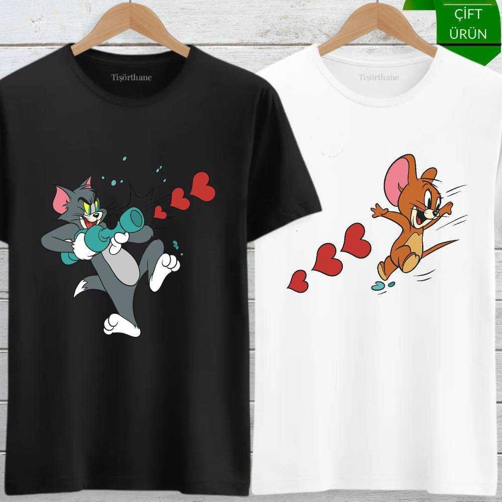Tom ve Jerry Aşk Bombardımanı Tasarımlı Sevgili Tişört Kombini