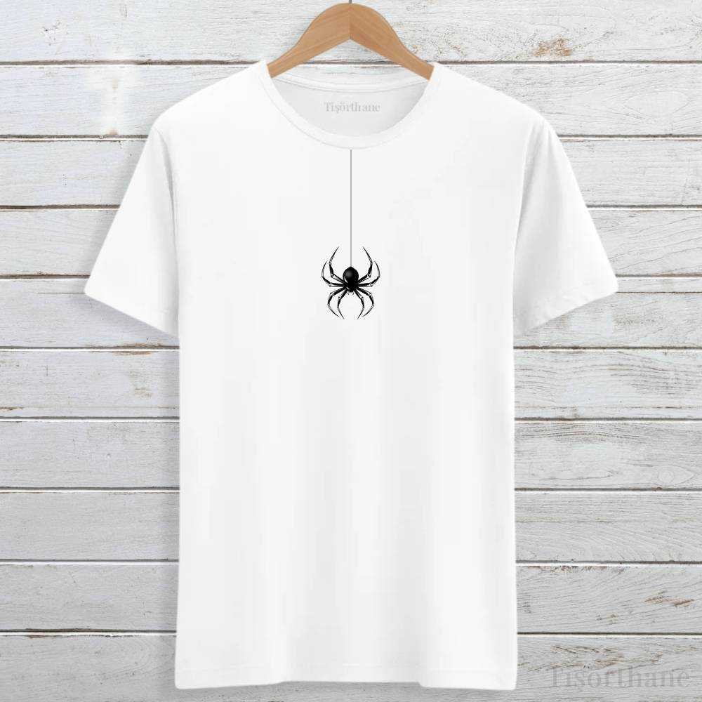 Yakadan Sallanan Örümcek Baskılı Minimalist Tişört