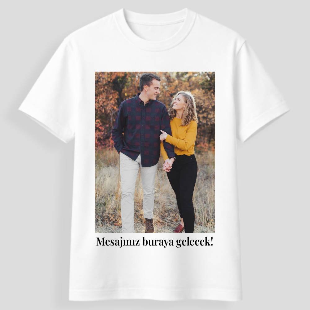 Kişiye özel fotoğraf ve yazı baskılı tişört modeli