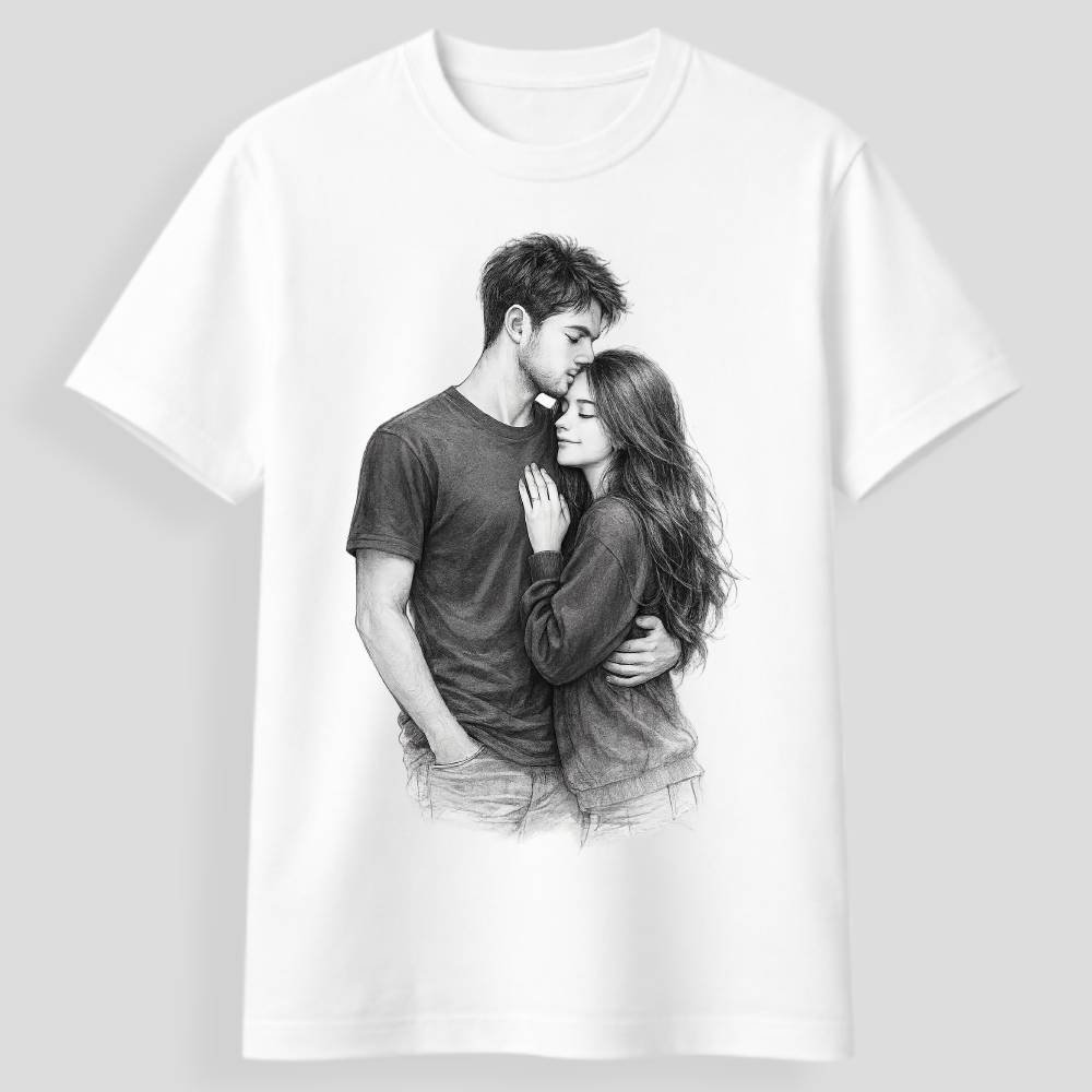 Kişiye özel karakalem portre baskılı tişört modeli